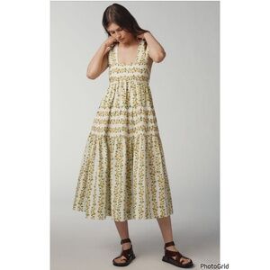 Anthropologie Womens XS Helena Lemons Square Neck Smocked Tiered Midi Dress